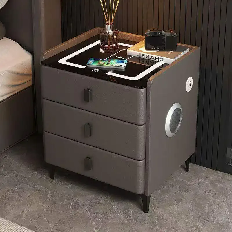 

Modern minimalist bedroom furniture Solid wood Smart bedside table Wireless charging Fingerprint lock 3 drawers Apartment locker