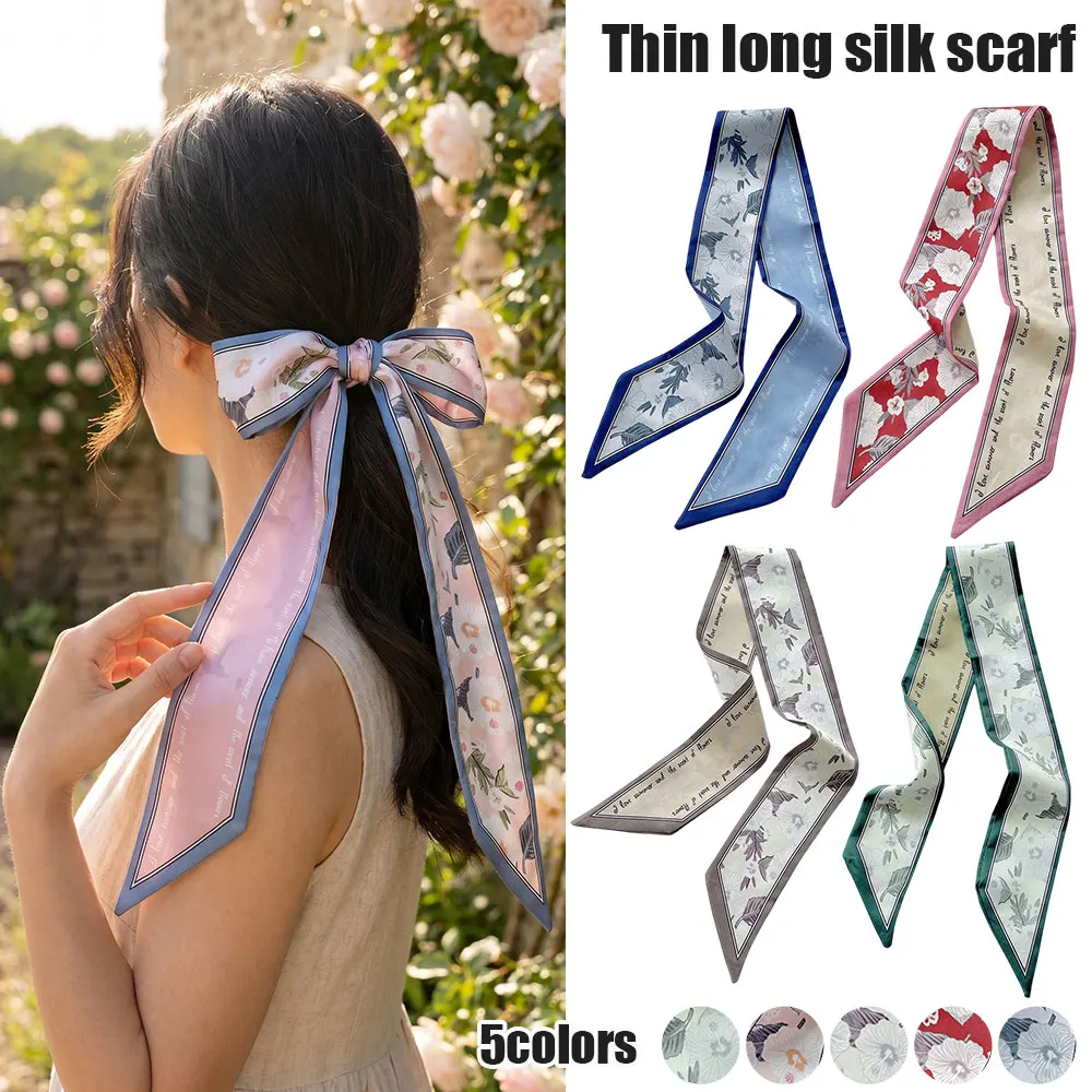 

Floral Silk Satin Scarf Narrow Thin Neckerchief Long Hair Tied Headscarf Hairband Multi-Function Neck Scarves Bag Decoration