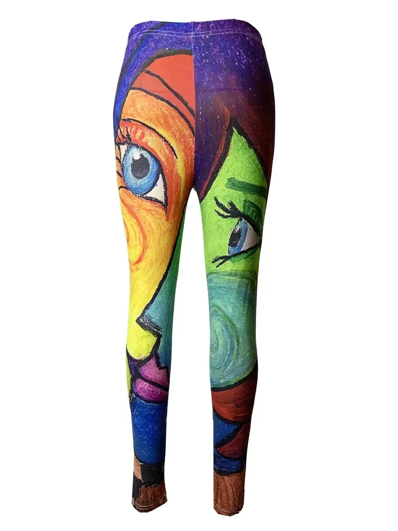 Abstract figure print casual pants stretch elastic waist tight leggings for women