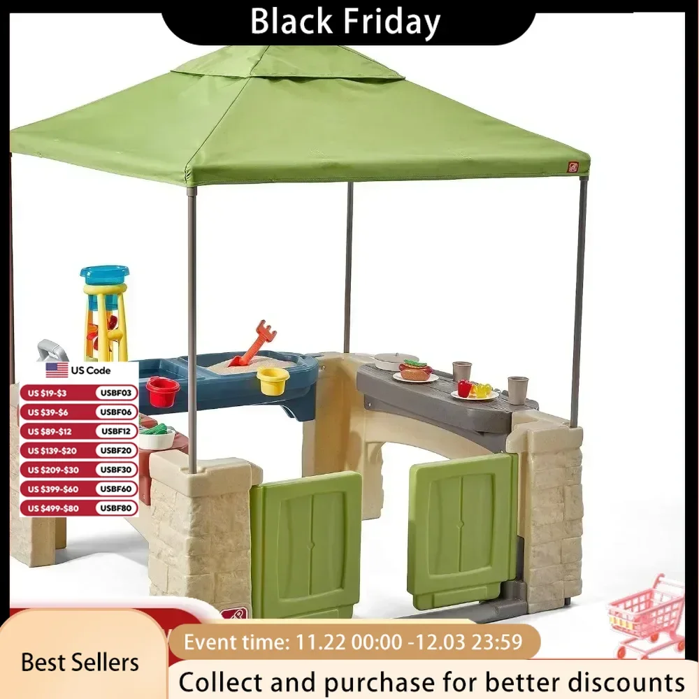 All Around Playtime Patio with Canopy, Kid Indoor and Outdoor Kitchen Playset, Sensory Playhouse,2+ years old, Easy Assembly