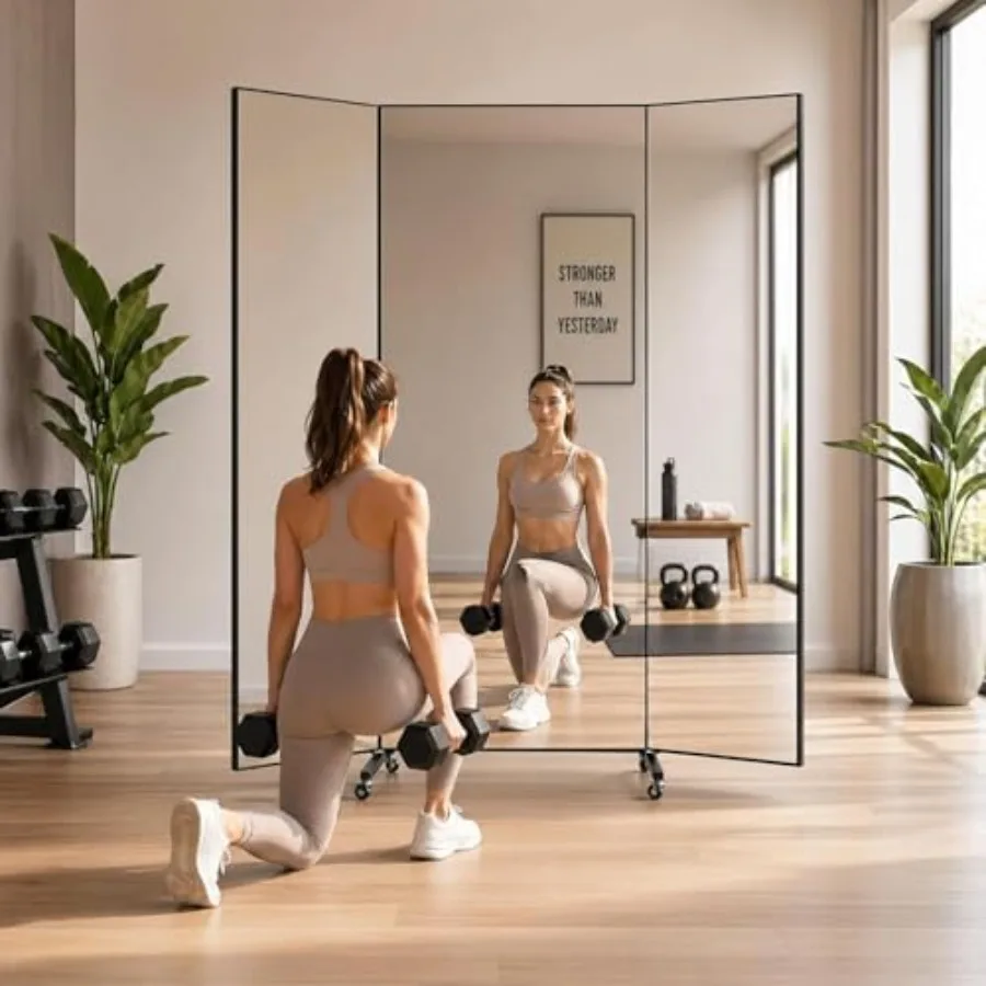 

71"x67" Full Length Rolling Mirror, 3-Way Glassless Nano Design with Wheels, Foldable Floor Standing Ultra-Light Mirror for Hom