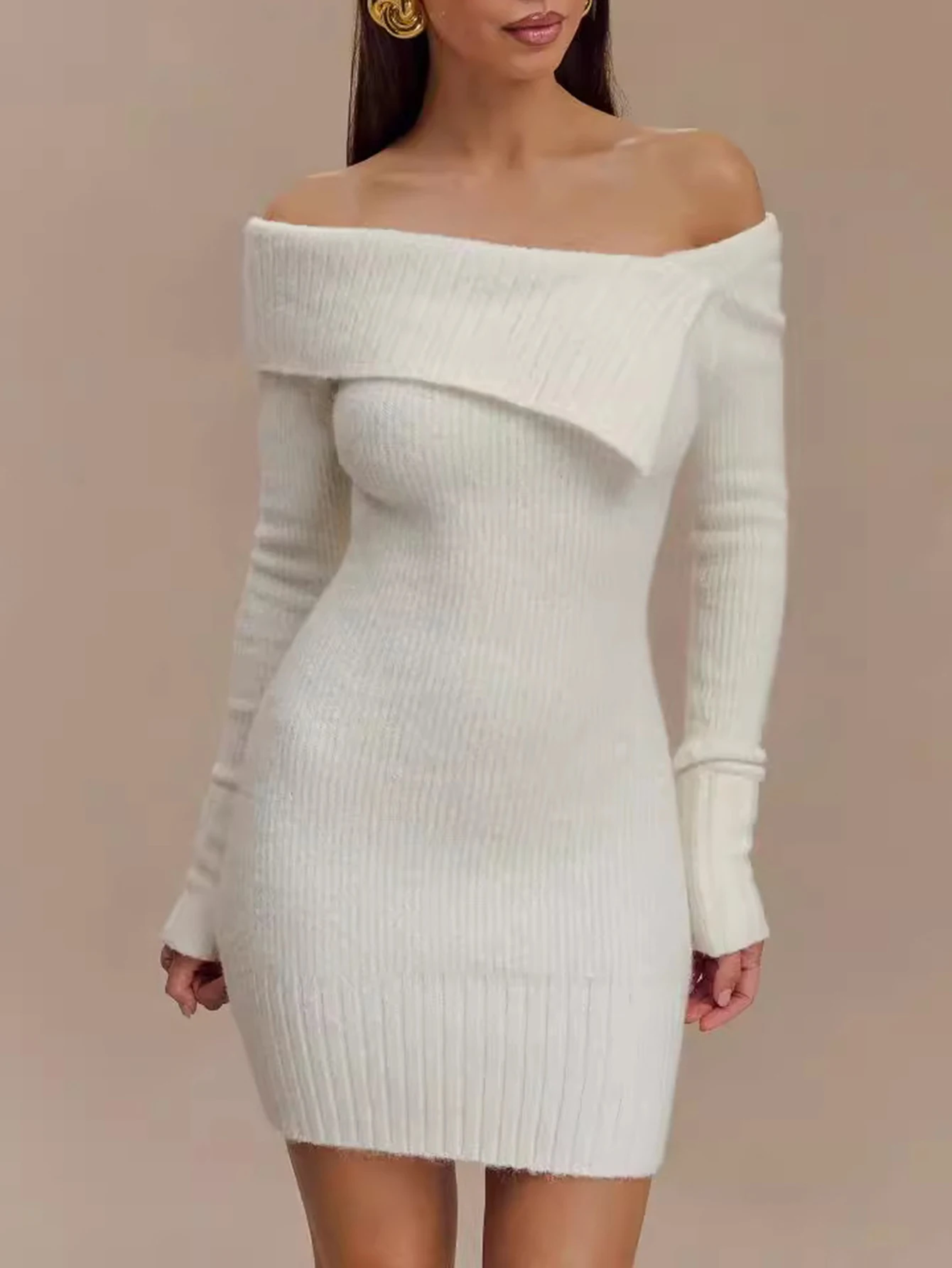 Women's Long Sleeve Mini Dress Autumn Winter Fashion Asymmetrical Solid Color Pencil Skirt Simple Lettuce Collar Date Dress