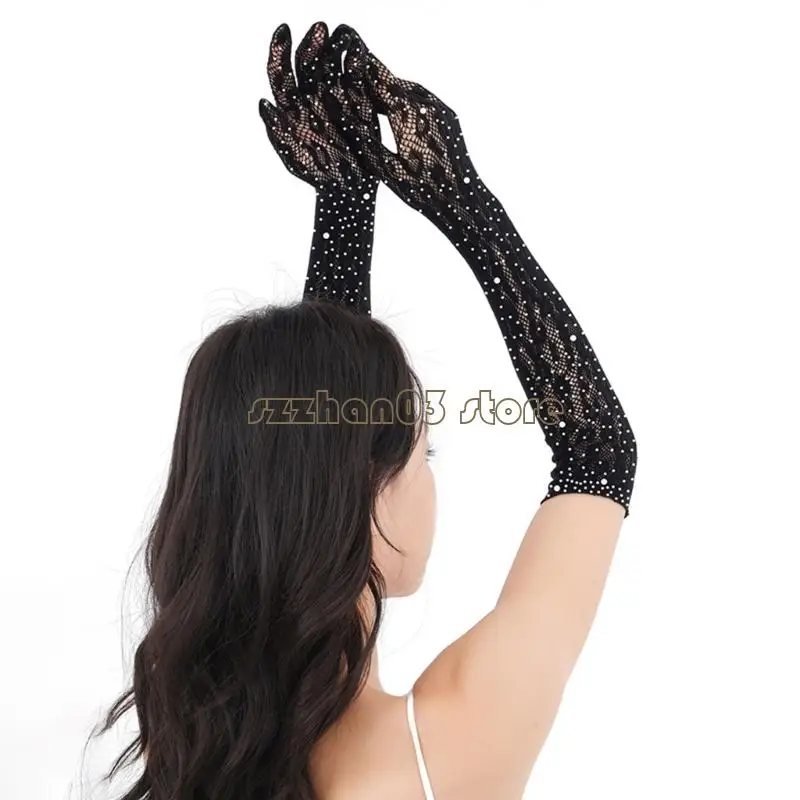 367C Luxury Rhinestones Lace Gloves For Women Evening Parties And Special Event Breathable Nylon Handwear for Banquets