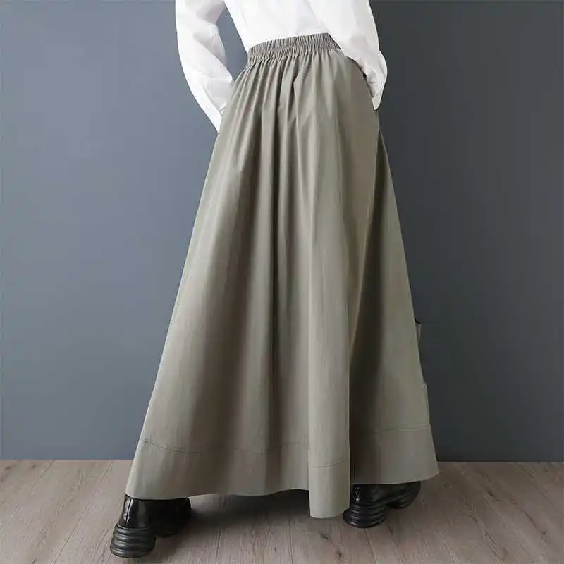 HKSH Spring Autumn New Women Skirt Solid Color Pleated Drawstring Fashion Oversized Elastic Waisted Versatile Ins Skirts HK17912