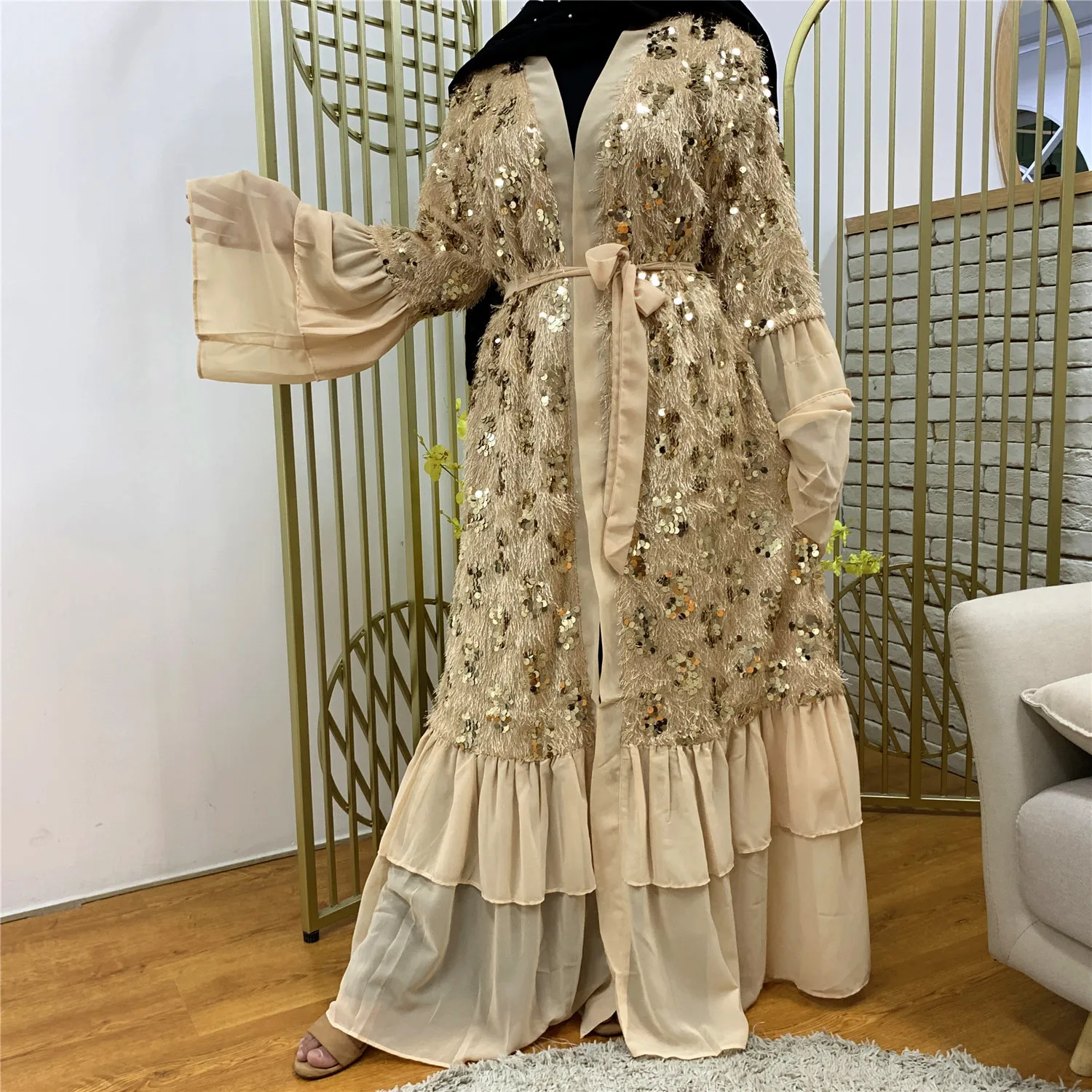 

New Dubai Sequins Open Abaya Muslim Women Kimono Cardigan Maxi Dress Ruffles Jalabiya Eid Ramadan Islamic Clothing Abayas Kaftan