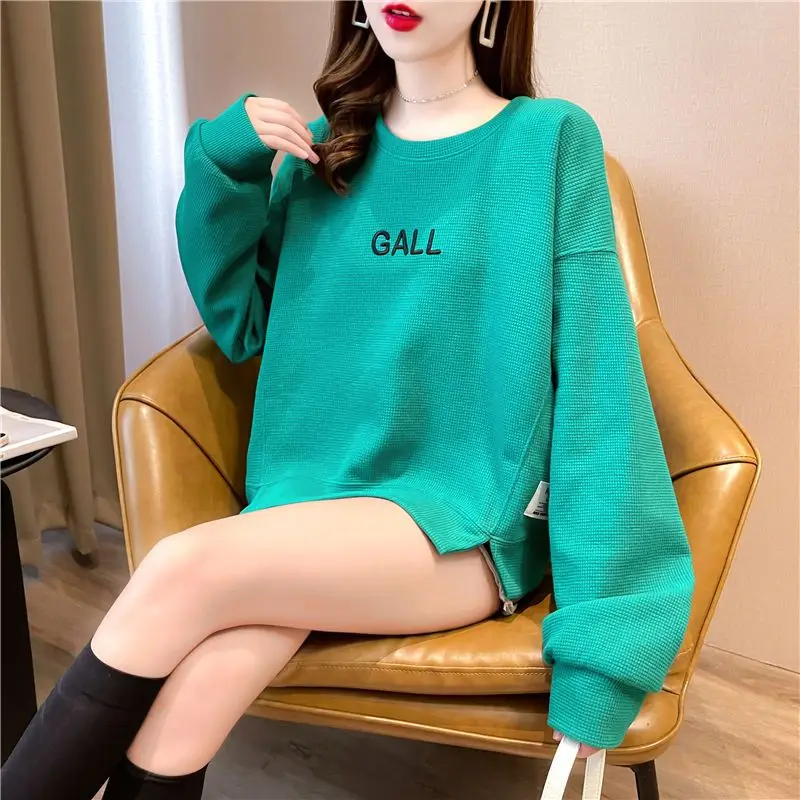 Women Clothes Casual Korean Fashion Loose Solid Color O-neck Long Sleeve Pullover Youth Lively Bright Easy Close to the People