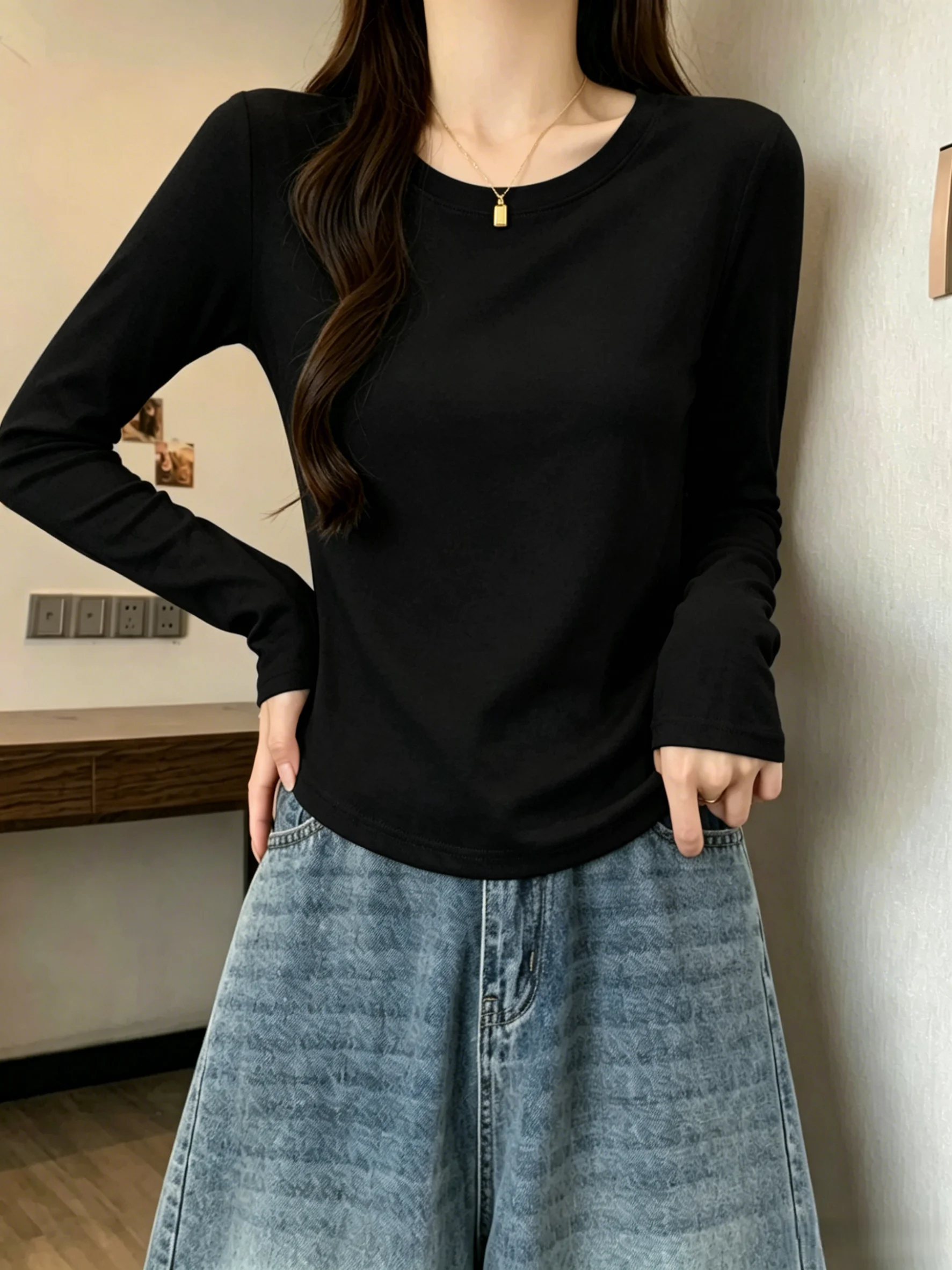 95% Cotton Long Sleeve Women's Base Shirt Low Collar round Neck T-Shirt Slim Fit U-Neck Spring Autumn plus Size Underwear