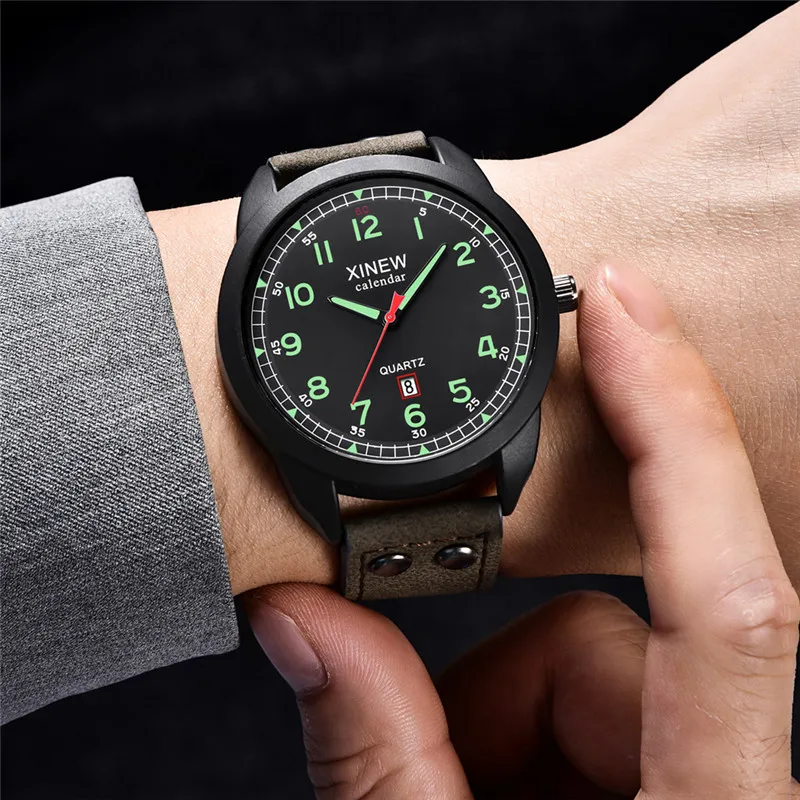정품 XINEW 브랜드 남성 시계 소년 학생 패션 가죽 밴드 날짜 쿼츠 시계 남성용 시계