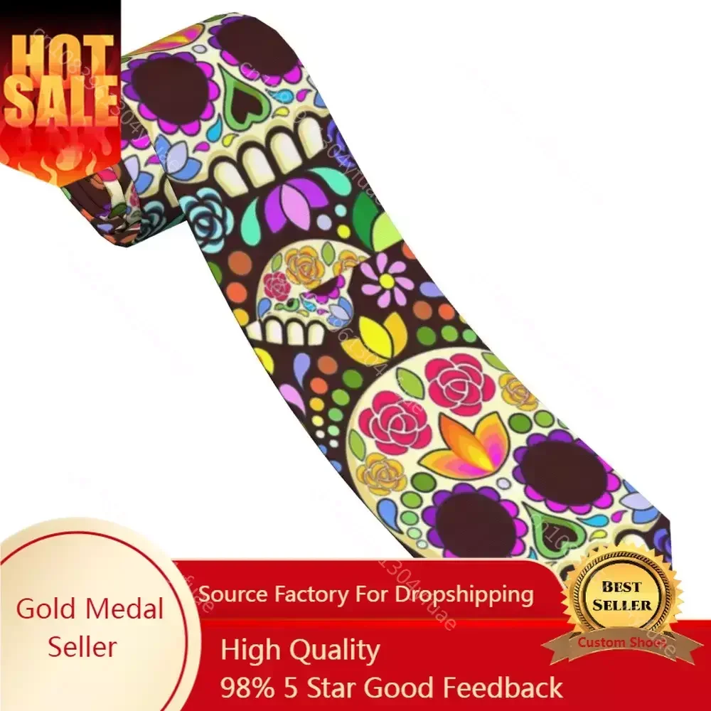 

Skull Floral Mexican Calaveras Men Necktie Silk Polyester 8 cm Classic Neck Ties for Mens Accessories Office