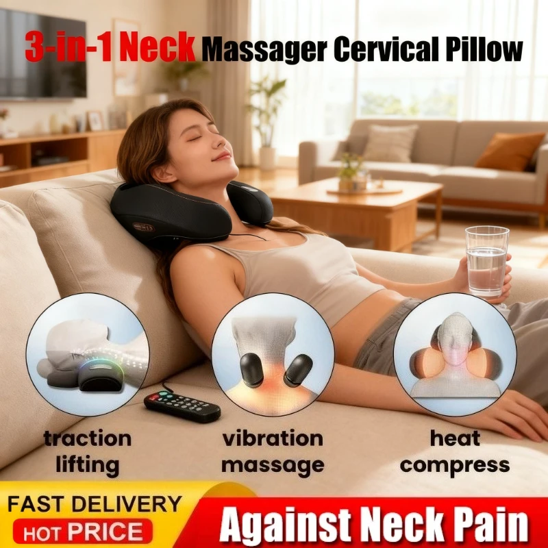

Soothe-3-in-1 Neck Massager Cervical Pillow Hot Compress Vibration Massage Neck Traction Relax Pillow Spine Support Massager