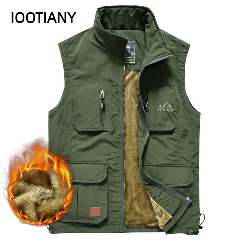 IOOTIANY Winter Men Fleece Warm Vest With Many Pockets Autumn Male Casual Thick Multi Pocket Waistcoat New Sleeveless Jacket