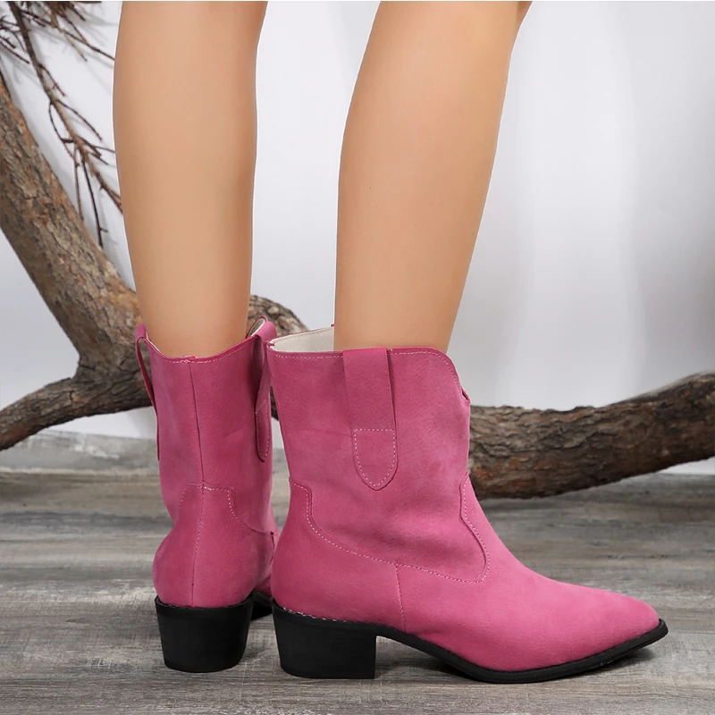 Artifical Suede Leather Women Boots Fashion Purple Pointed Toe Spike Heel Autumn Winter Cowboy Booties Ladies Pink Western Botas