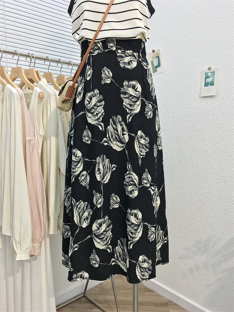 

Summer Chiffon Women Pleated Elegant Floral Print Mid-Calf Korean Medium Length Elastic Waist Skirts Vintage Loose Vestidos