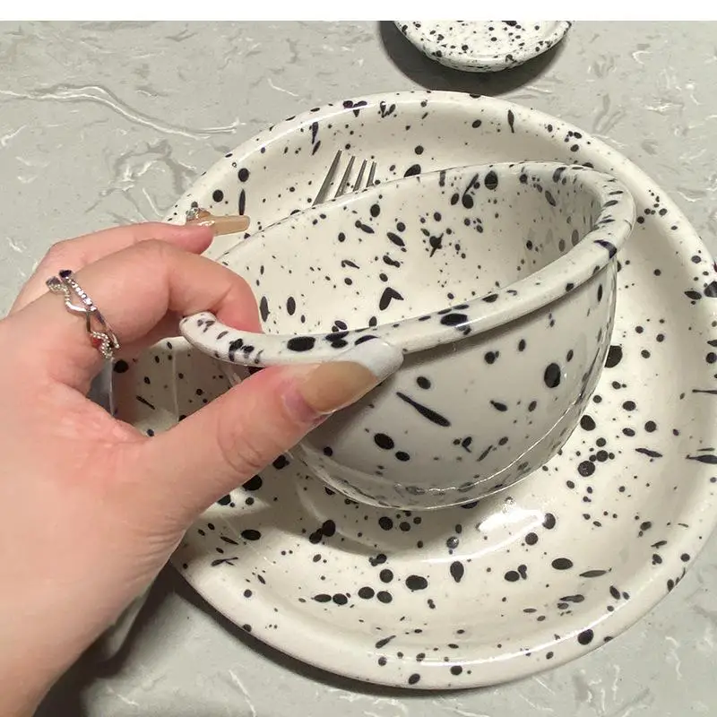 Black and White Splashed Ink Tableware, Ceramic Plates, Rice Bowls, Seasoning Retro Irregular Family, Dishes