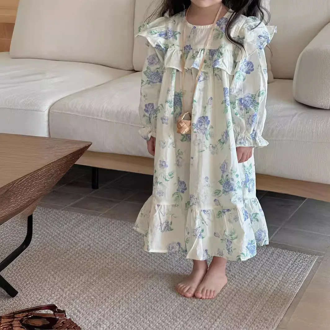 

Childrens Dress Spring and Summer New Korean Floral Lotus Leaf Collar Princess Gentle Style Long Sleeved Dress Kids Clothes