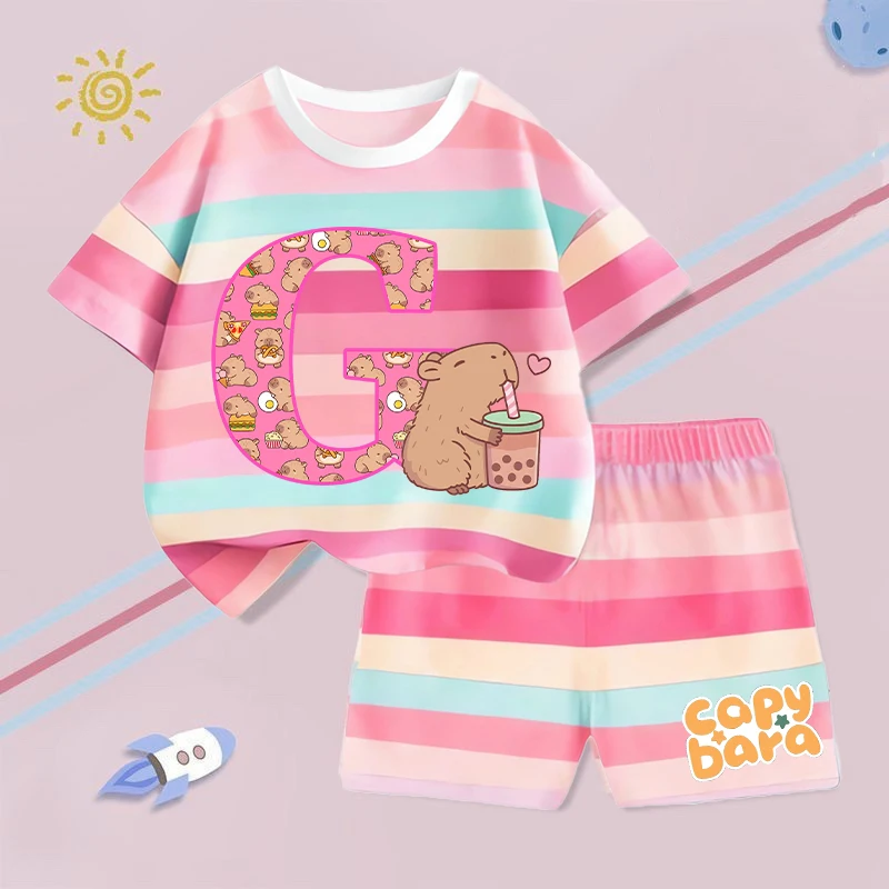 Capybara Girl T-shirt Pants Set Kawaii Capibara Letter A-Z Tees Trousers Summer Outdoor Sport Kids Clothes Children Short Sleeve
