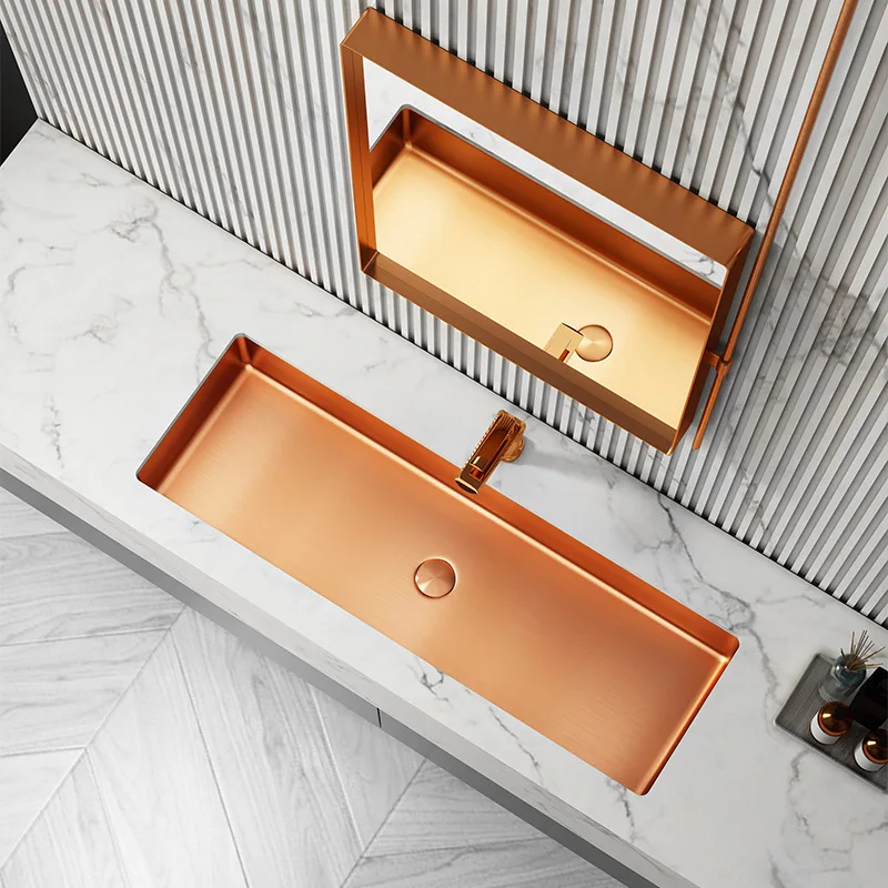 Popular Design SUS304 Stainless steel Bathroom sink High Quality 1000*300*120mm Washbasin Hand basin Rose Gold Luxury Lavabo