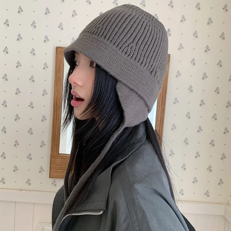 Korean Vertical Strip Knitted Ear Protection Flight Hat for Autumn and Winter Versatile Lace-up Windproof  Warm Bomber Hats