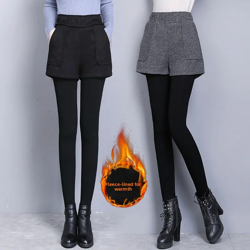 Thickened Fleece Women's Integrated Skirt Pants Autumn Winter Warm Slimming Long Leggings Fake Two-Piece Outerwear Trousers