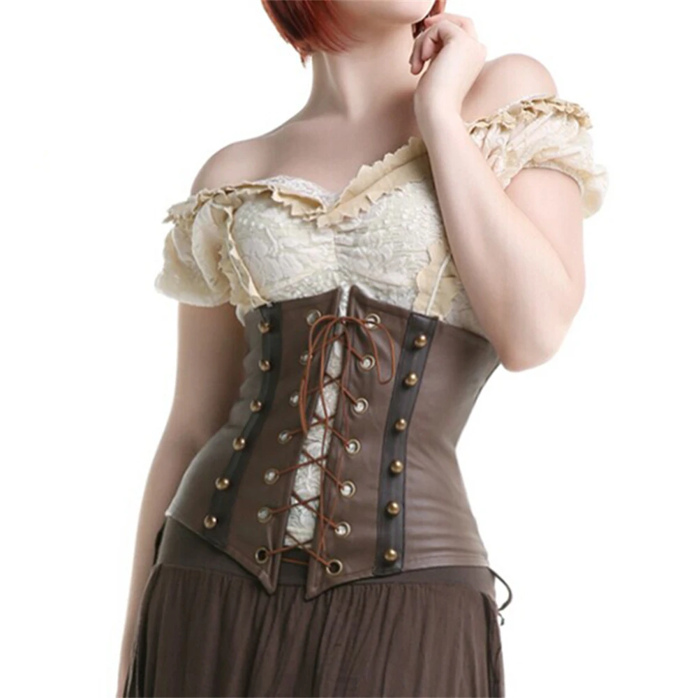 Brown Steampunk Corset Gothic Leather Underbust Waist Cincher Bustiers Pirate Costume