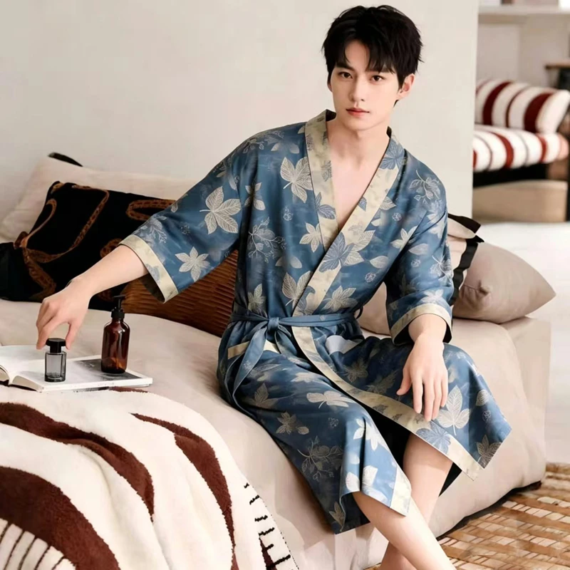 

100% Cotton 2 Layer Gauze Nightgown Womens Spring Summer New Thin Yukata Bathrobe Men's Pure Cotton Kimono Robe Loungewear