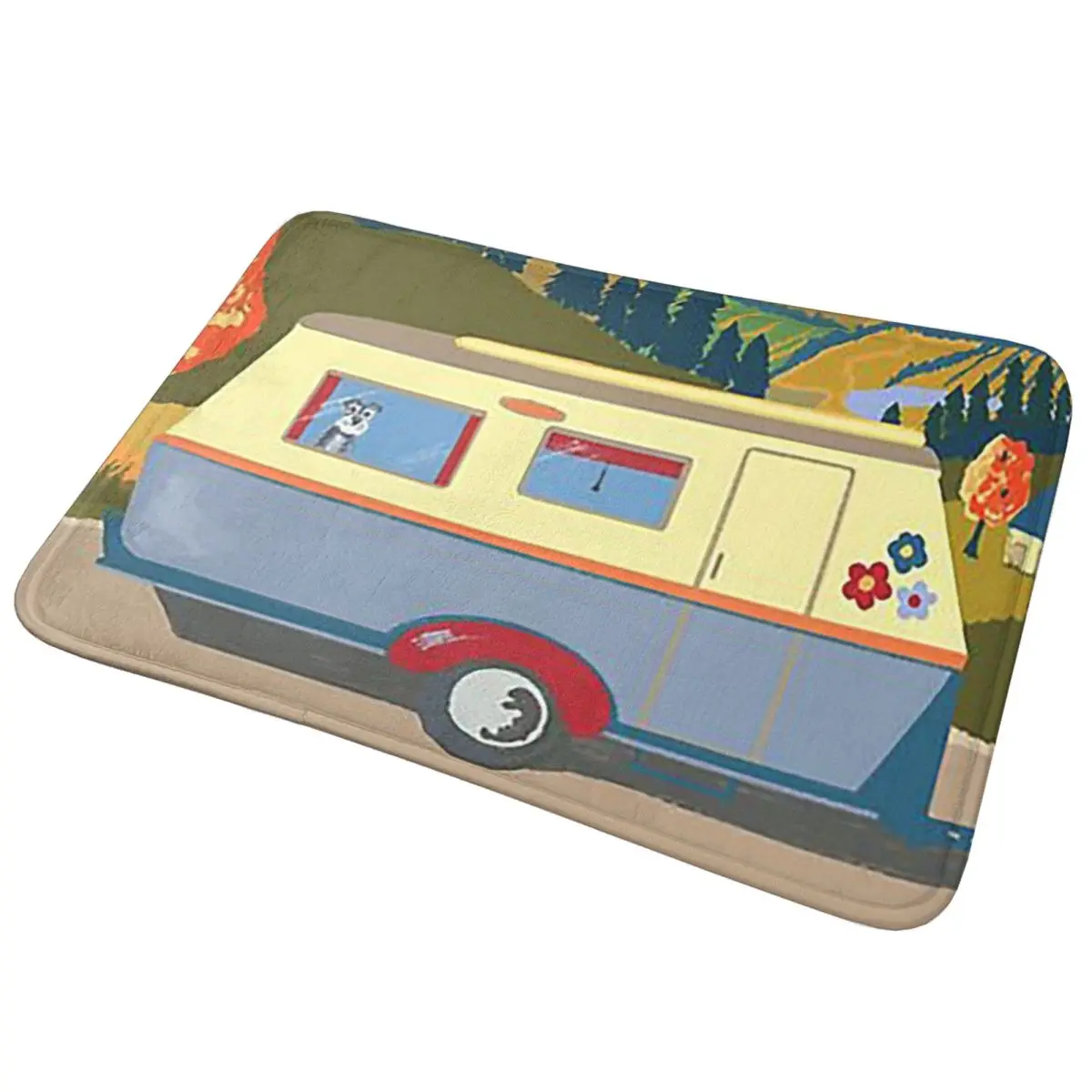 Vintage Caravan On Tour Schnauzer rutschfeste Fußmatte, Bodenmatte, verschleißfester Teppich, Teppich für Küche, Eingang, Zuhause, Schlafzimmer, Fußpolster