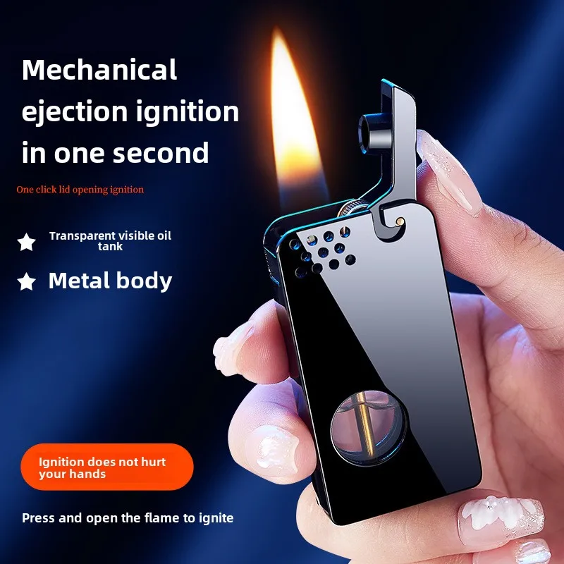 Transparent Visible Oil Window Open Flame Lighter Retro Metal Flint Cigarette Windproof Lighter Smoking Accessories Men's Gift