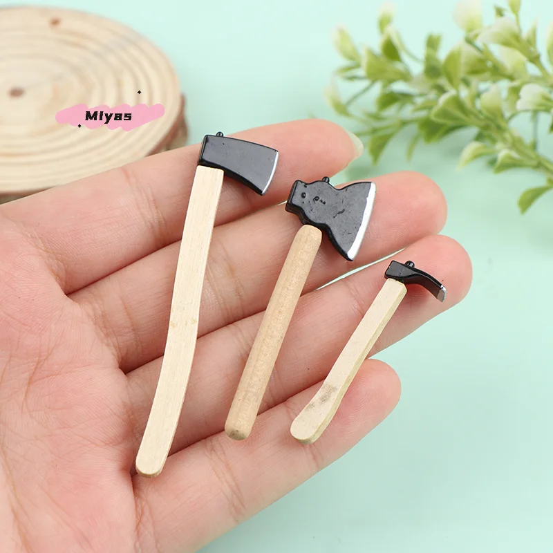 3 unids/set en miniatura de madera y Metal Chopper Hatchet modelo para casa de muñecas decoraciones de escena de granja-accesorios de escena de casa de muñecas