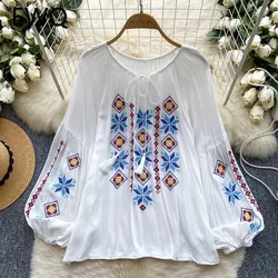 EWQ Fashion Embroidery Lace-up Women's Blouse Versatile Contrast Color Round Collar Long Sleeve Casual Clothing 2024 New 27X1124