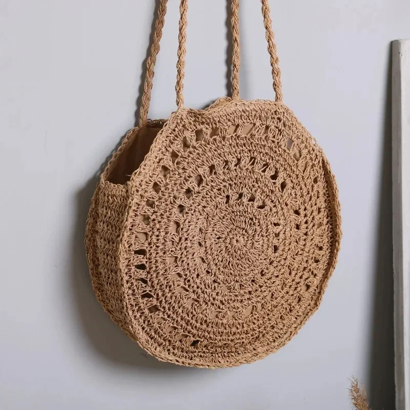 Summer Rattan Knitted Underarm Shoulder Bag Bohemian Straw Woven Shopper Tote for Women Circle Beach Bag Handmade Travel Handbag