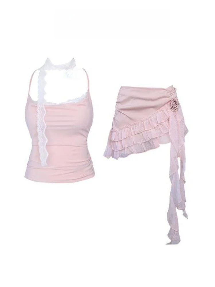 Zestaw dwuczęściowy: asymetryczny crop top z koronką w stylu Pure Desire Spicy Girl i spódnica z wysokim stanem, letni, modny design.