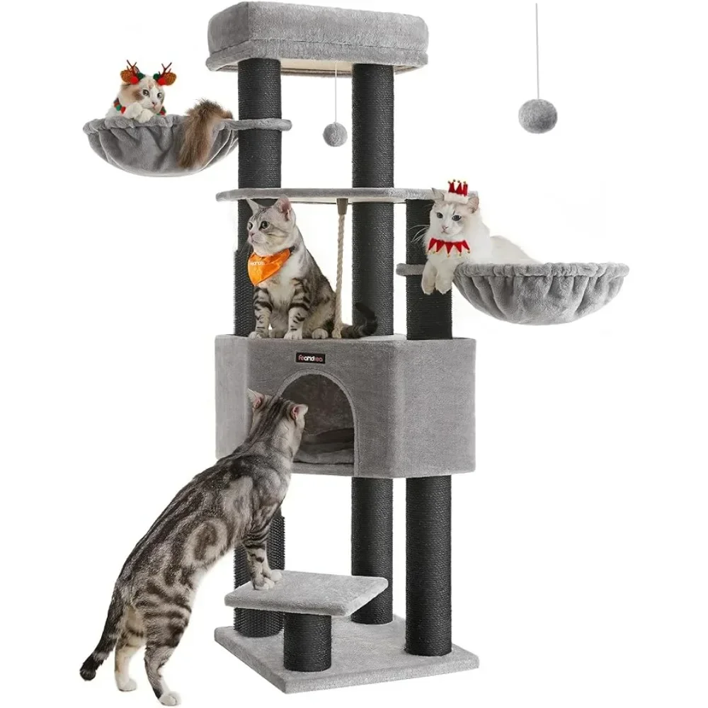 

Cat Tree for Large Cats, 63-Inch Heavy-Duty Cat Tower with Self-Warming Pads, 2 Self-Groomers, 9 Scratching Posts