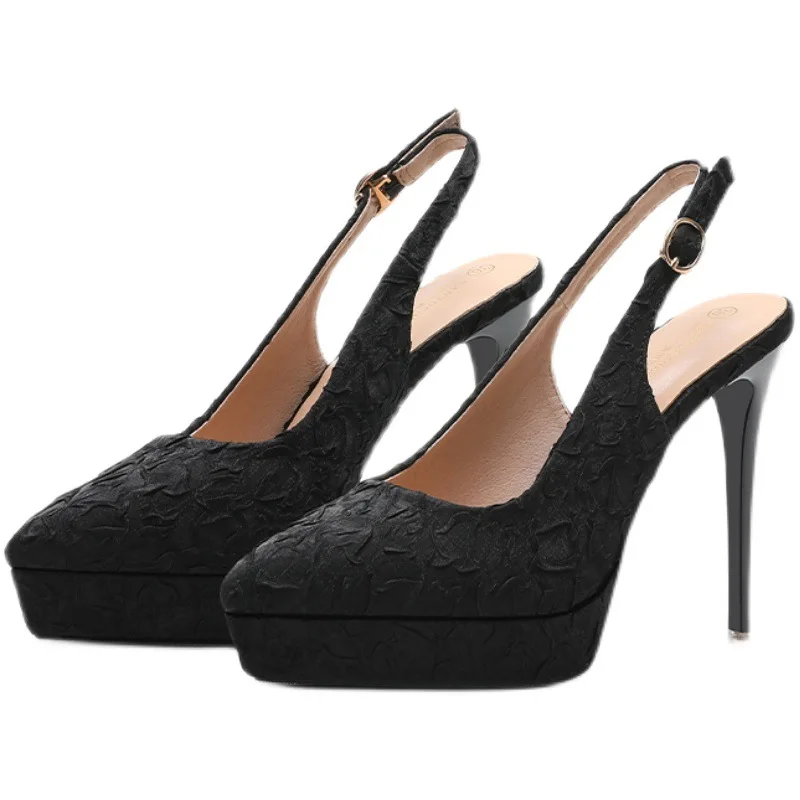 Saltos altos Mary Jane para mulheres, sapatos, dedo apontado, plataforma, preto, damasco, sexy, festa, 12cm