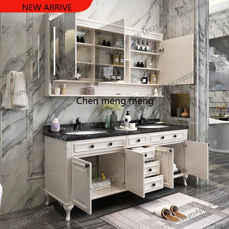 Bathroom Cabinet European-Style Rubber Wood Floor-To-Ceiling Washbasin Pool Double Basin Solid Wood Washstand Bathroom Cabinet