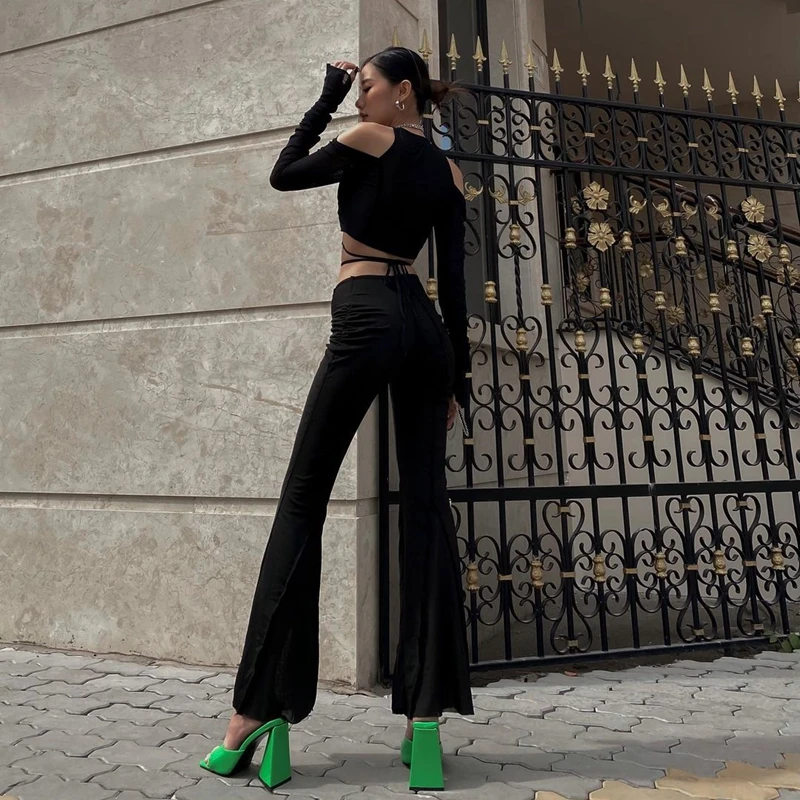 Candyhot 고딕 메쉬 쉬어 크롭탑, 섹시한 딥 브이넥 오프 숄더 티셔츠, Y2K 긴팔 2024 스트리트웨어, 교차 붕대 티