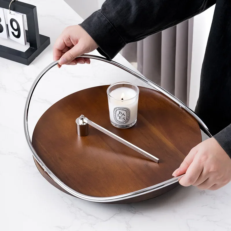 

Oval Walnut Stainless Steel Tray Handle Storage Trays Metal Aromatherapy Mirror Cosmetic Storage Luxurious Home Decorative Panel