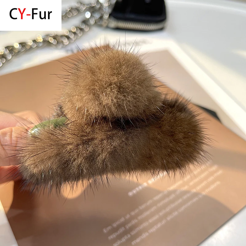 

2025 Winter Real Fur Mink Hair Claw Clip Plush Cute Hairclip Large Size Shark Hair Crab Clip Hairpins Fashion Hair Accessories