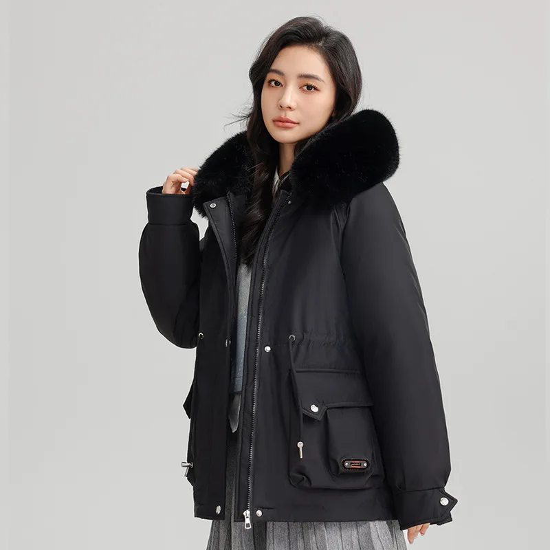 Parkas Women Mid Length Coats Hooded Fur Collar Jackets Drawstring Tight Waist Thick Y2k Streetwear Elegant Autumn Winter 2025