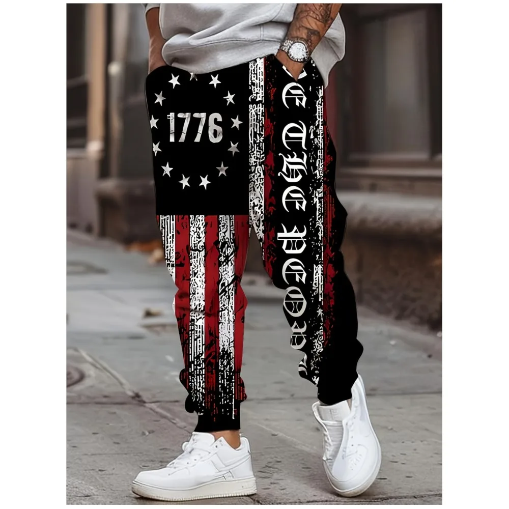 3D American Flag Pattern Street Pants Men's Side Pockets Elastic Drawstring Sweatpants Joggers Pants For Men Casual Trousers
