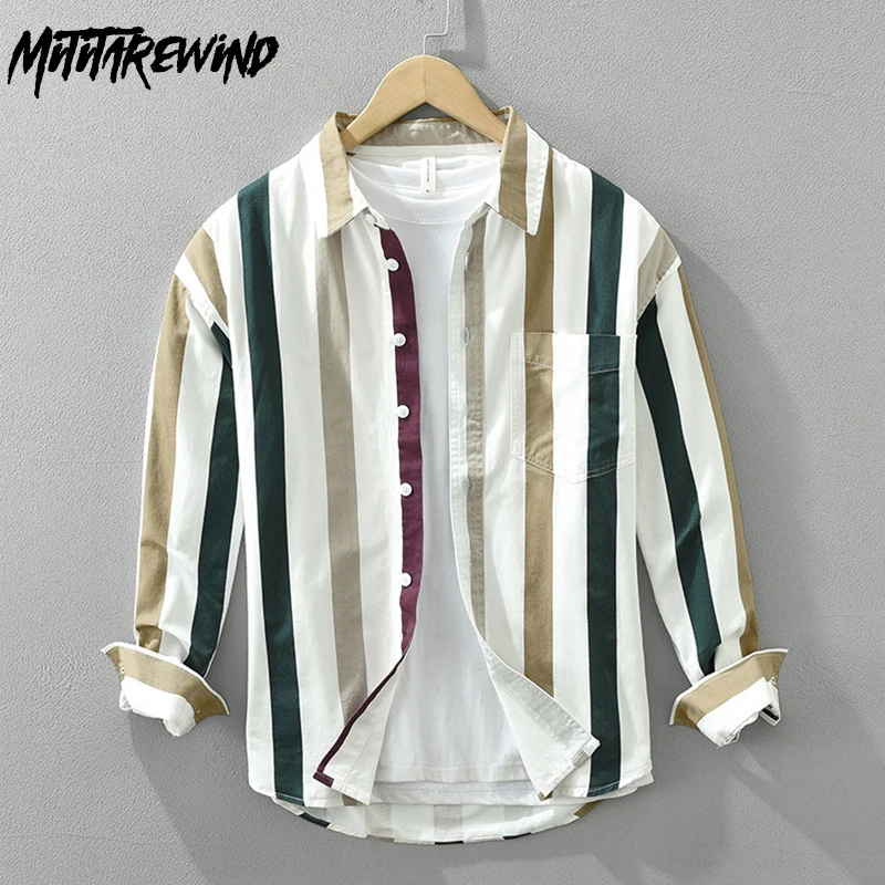 Camisa listrada manga longa masculina, tops casuais diários, camisa em cima de bolso, solta na moda 100% algodão, nova para primavera