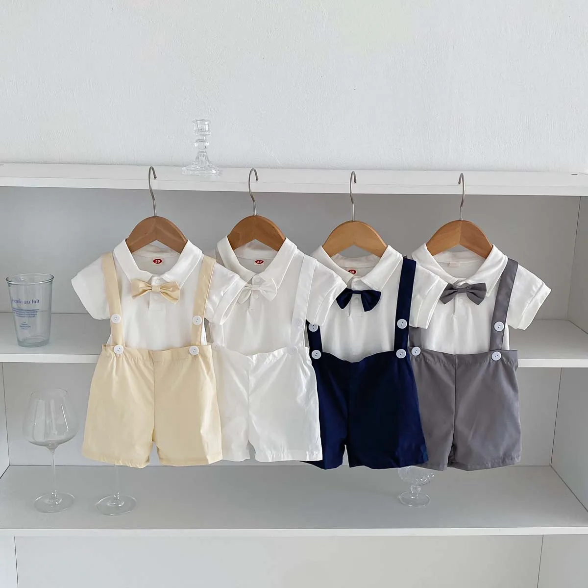 Summer Short-sleeves Baby Boys Gentleman Suit + Bow Tie 0-2 Years Old Newborn Cotton Four Colors Sets