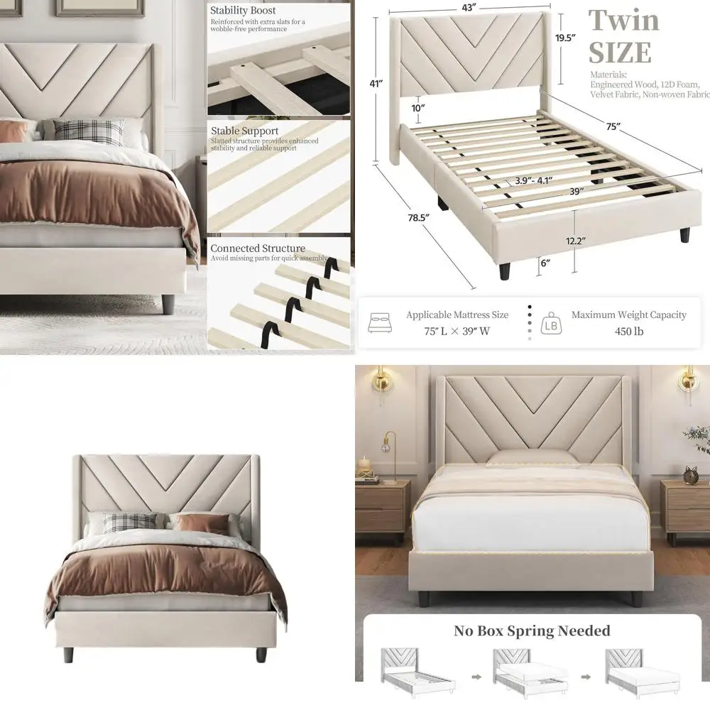 Beige Upholstered Twin Platform Bed with Winged Sides, Wooden Slat Support, Tufted Headboard, Mattress Foundation - No Box Sprin