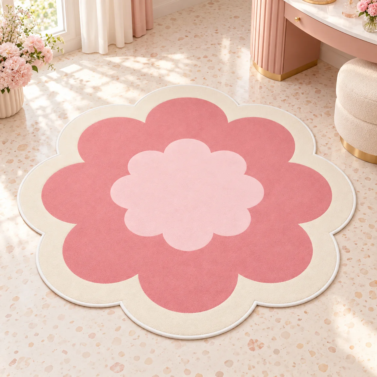Pink Flower Creative Shaped Area Rug, Soft Pastel Floor Mat for Bedroom Living Room Dressing Area, Cute Modern Home Decor Gift