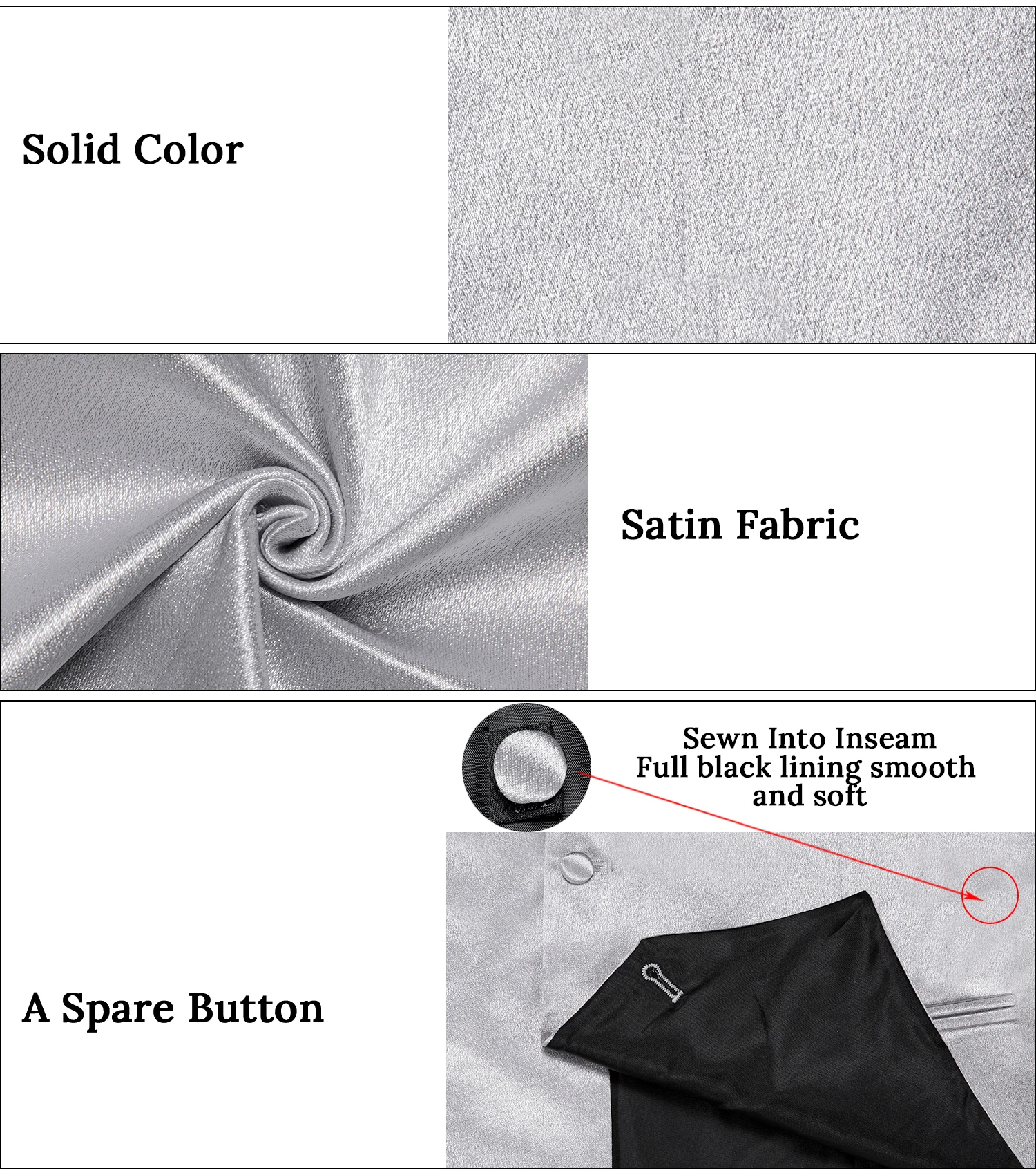 Elegante graue einfarbige Anzugweste mit Tasche, Satinweste, Krawatte, Fliege, Taschentuch, Manschettenknöpfe für Smoking, Hochzeit, Abschlussball – Detail 1