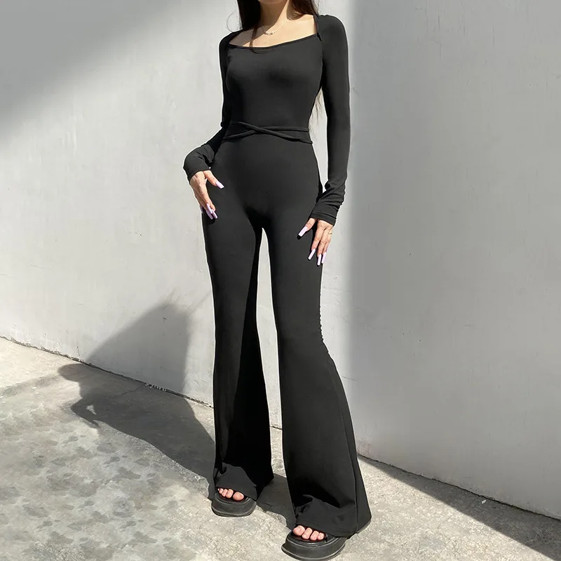 Street Spice black sports basics jumpsuit High waist square collar hollowed out halter strap casual yoga wear