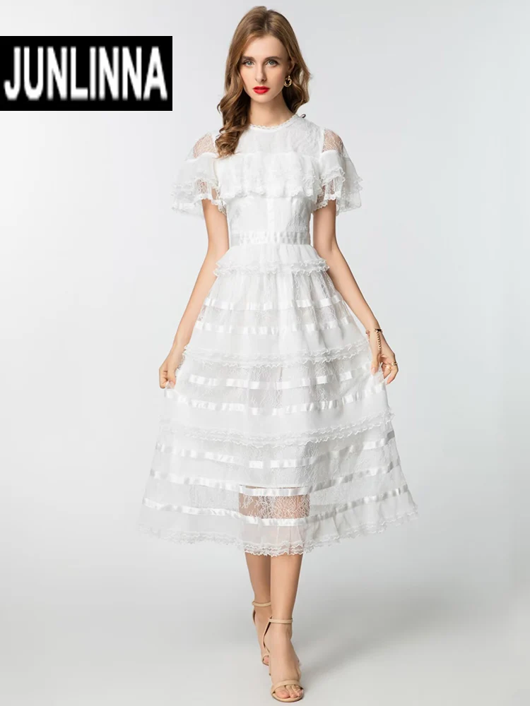 

JUNLINNA Fashion Summer Women Runway Dress O-Neck Short Sleeve Lace Patchwork Ruffles Party Holiday Expansion