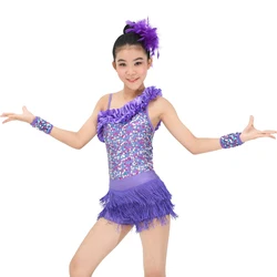 2 Piece Latin Dance Dress One Shoulder Sequins Stage Tassel Dance Costume Kids Dancewear For Girls