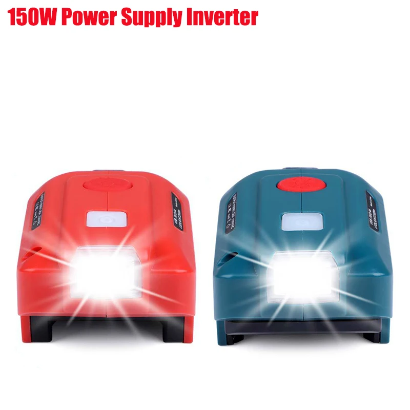 

110~120V 150W Power Supply Inverter for Makita/DW/Milwaukee/Ryobi 18V Li-ion Battery Dual USB Portable Inverters with LED Light