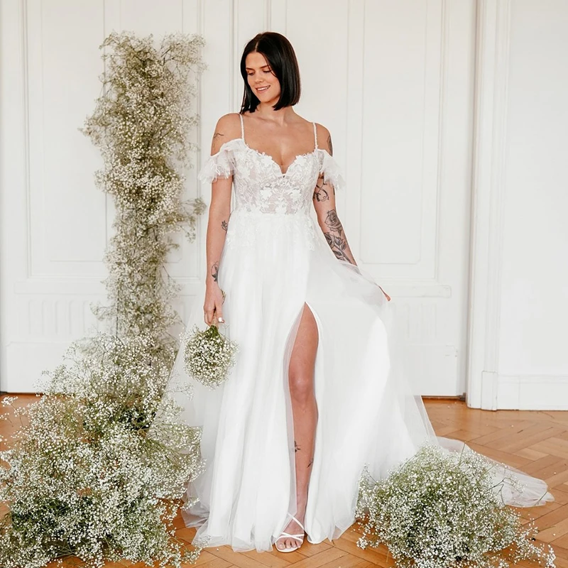 

Eightree Boho пляжное кружевное свадебное платье для женщин милое платье трапециевидной формы с разрезом по бокам и открытой спиной платья невесты по индивидуальному заказу Vestidos De Novia