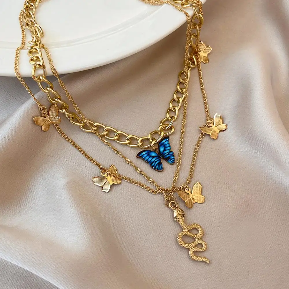 Butterfly Necklace Three-layered Hollow Chain Necklace with Butterfly Snake Pendants Retro Adjustable Golden Color for Wear